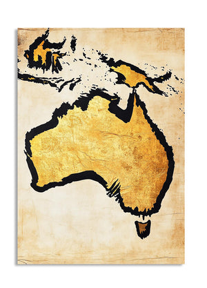 Map of Australia with a stylized lion in black and gold on a beige background, as a premium aluminum metal print from GoMetalPrint.
