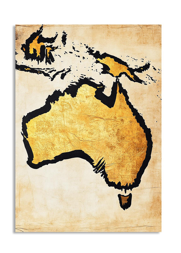 Map of Australia with a stylized lion in black and gold on a beige background, as a premium aluminum metal print from GoMetalPrint.
