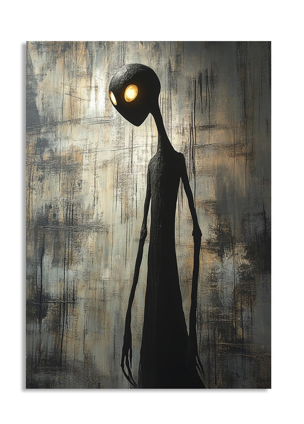 Abstract artwork of a humanoid figure with a light bulb for a head against a textured background, as a premium aluminum metal print from GoMetalPrint.
