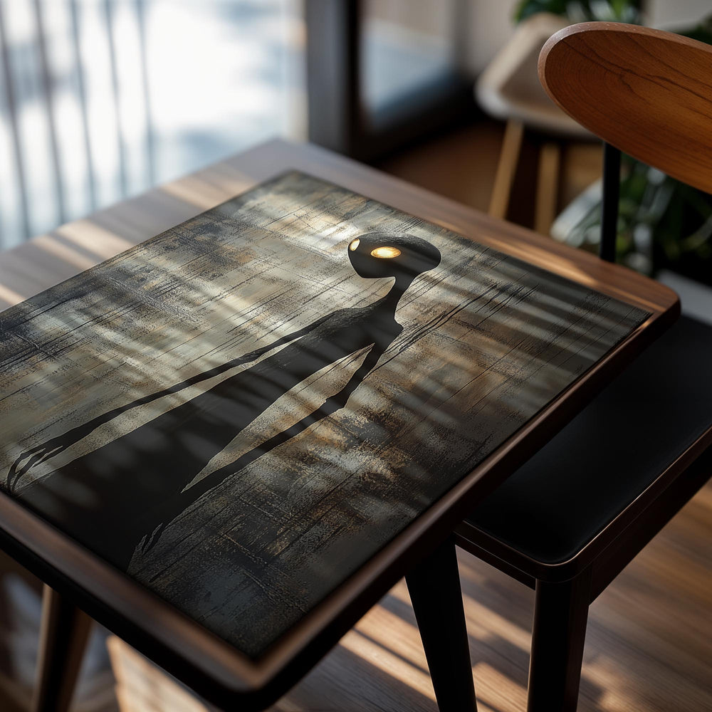 Abstract artwork of a humanoid figure with a light bulb for a head against a textured background, as a premium aluminum metal print from GoMetalPrint.
