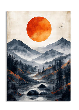 Surreal landscape with a large orange sun, mountains, and a river on a textured beige background, as a premium aluminum metal print from GoMetalPrint.
