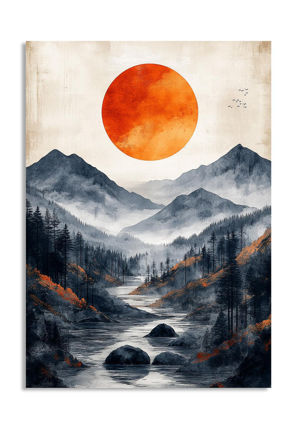 Surreal landscape with a large orange sun, mountains, and a river on a textured beige background, as a premium aluminum metal print from GoMetalPrint.
