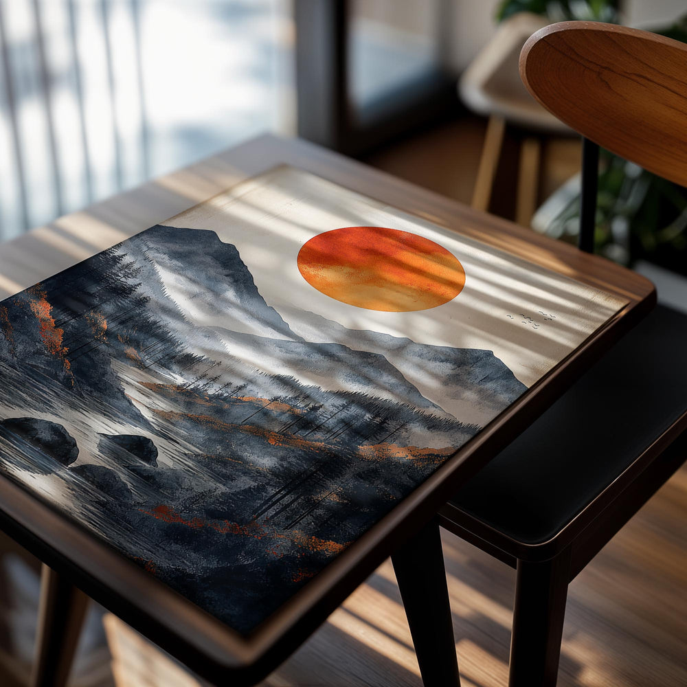 Surreal landscape with a large orange sun, mountains, and a river on a textured beige background, as a premium aluminum metal print from GoMetalPrint.
