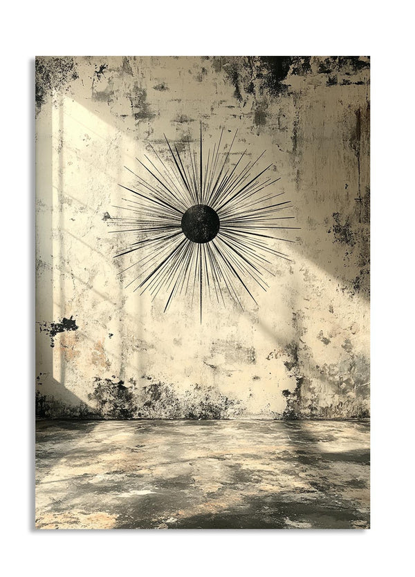 Decorative wall art with a sunburst design on a textured beige background, as a premium aluminum metal print from GoMetalPrint.
