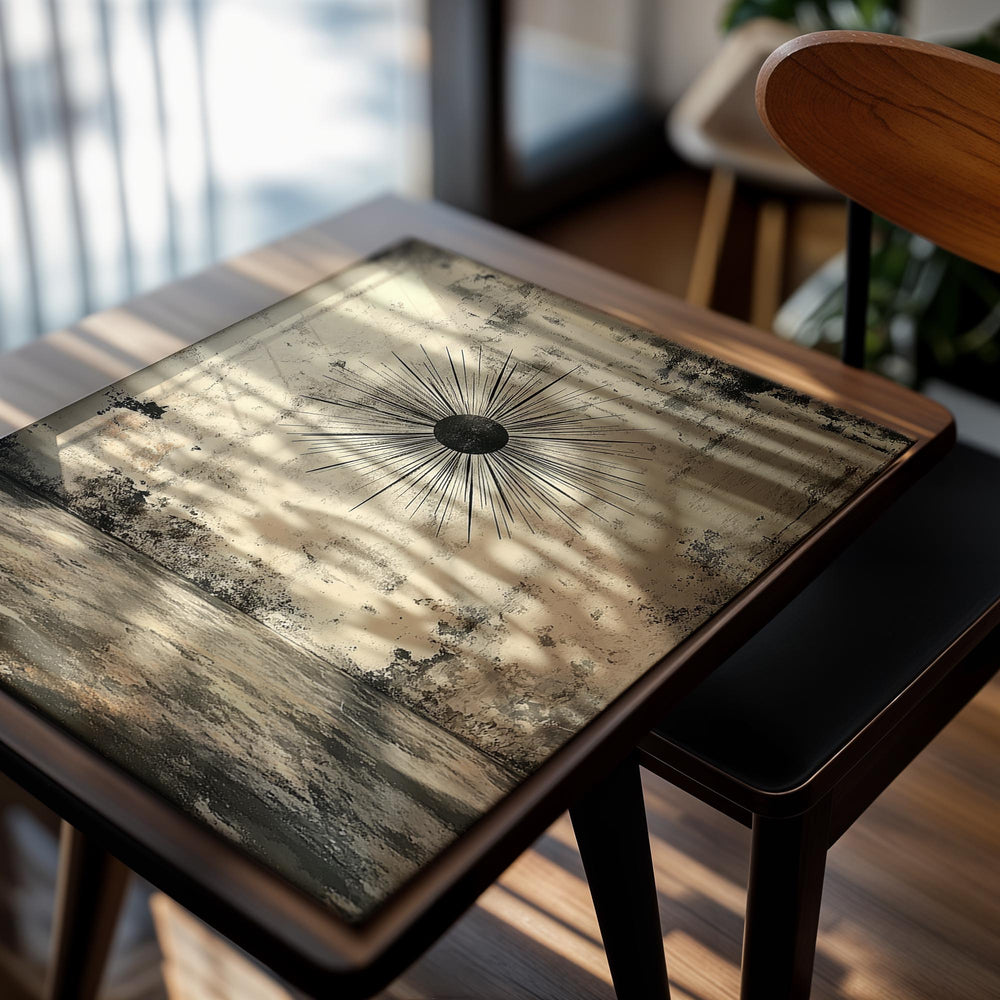 Decorative wall art with a sunburst design on a textured beige background, as a premium aluminum metal print from GoMetalPrint.
