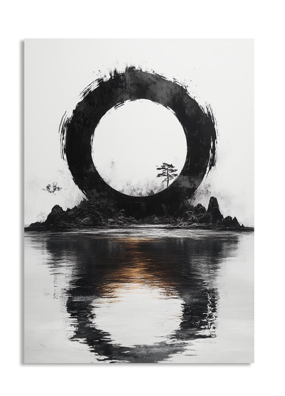 Black and white circular design with a landscape inside, reflected in water, as a premium aluminum metal print from GoMetalPrint.
