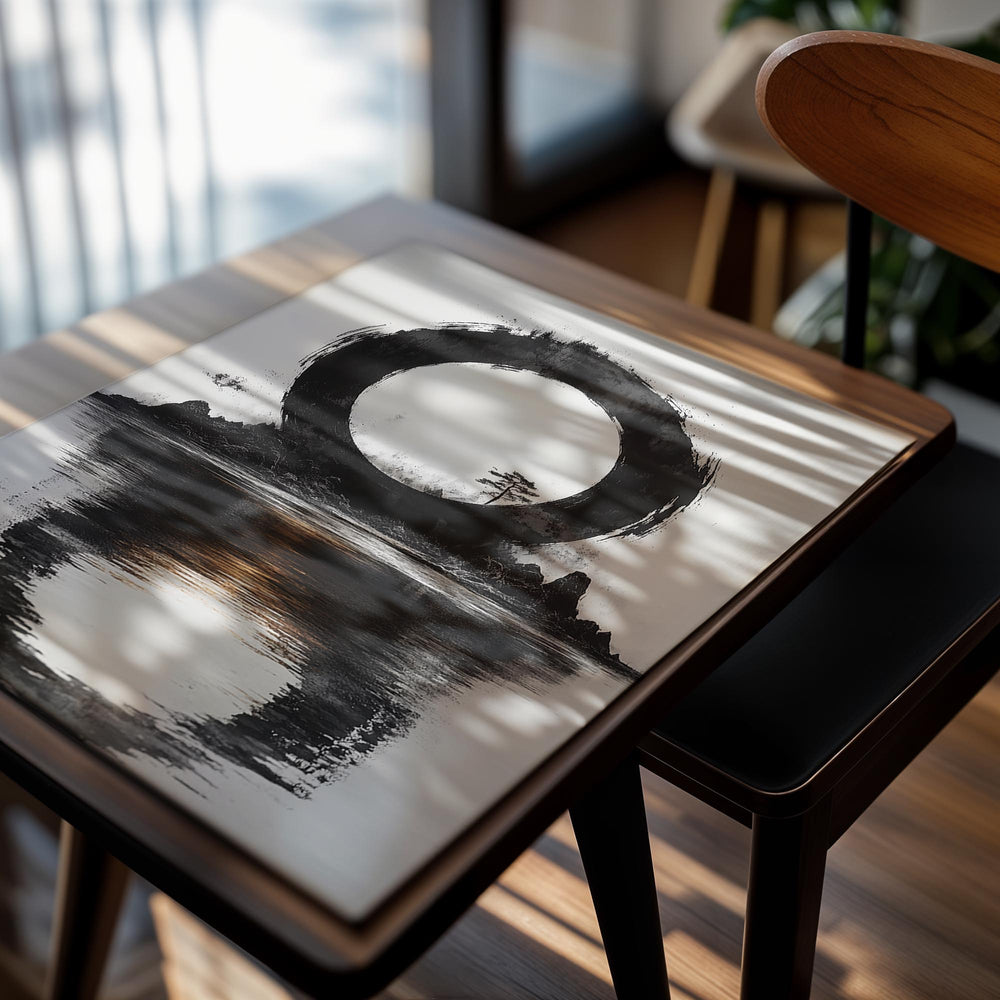 Black and white circular design with a landscape inside, reflected in water, as a premium aluminum metal print from GoMetalPrint.
