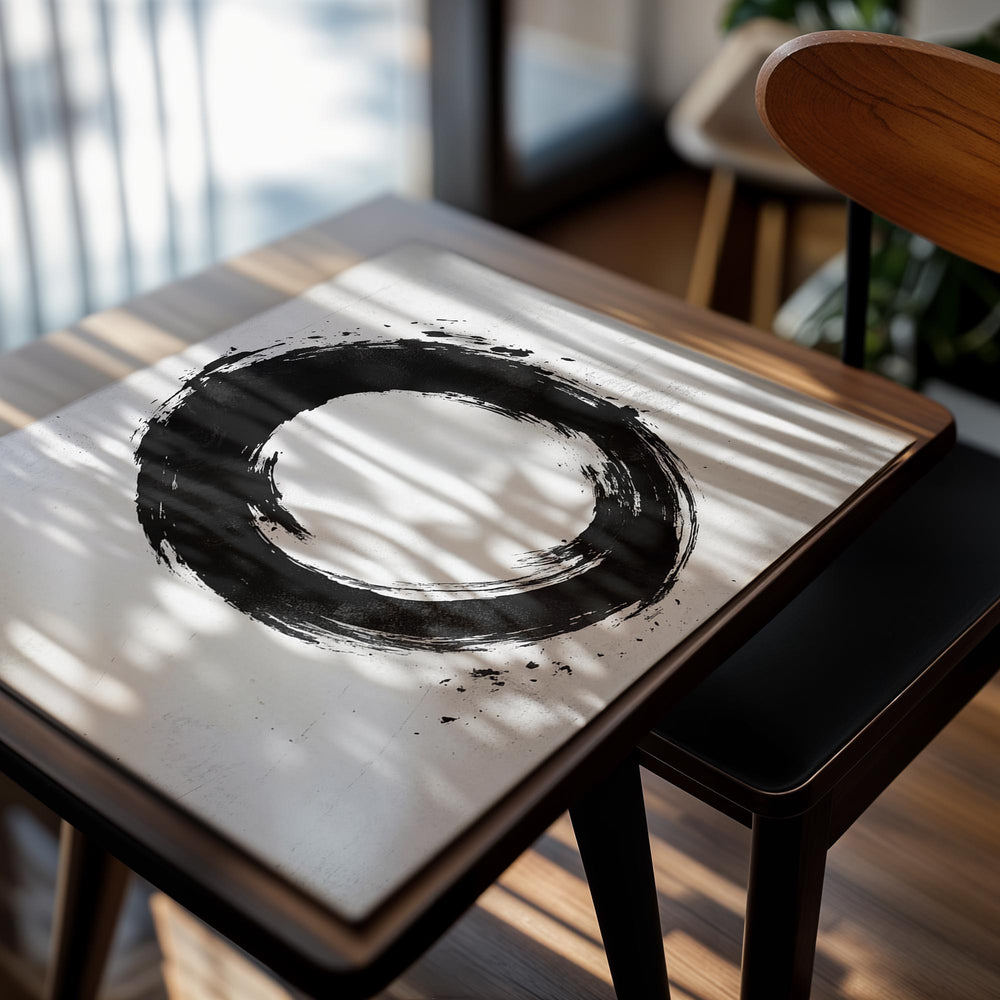 Black circular brushstroke design on a white background, as a premium aluminum metal print from GoMetalPrint.
