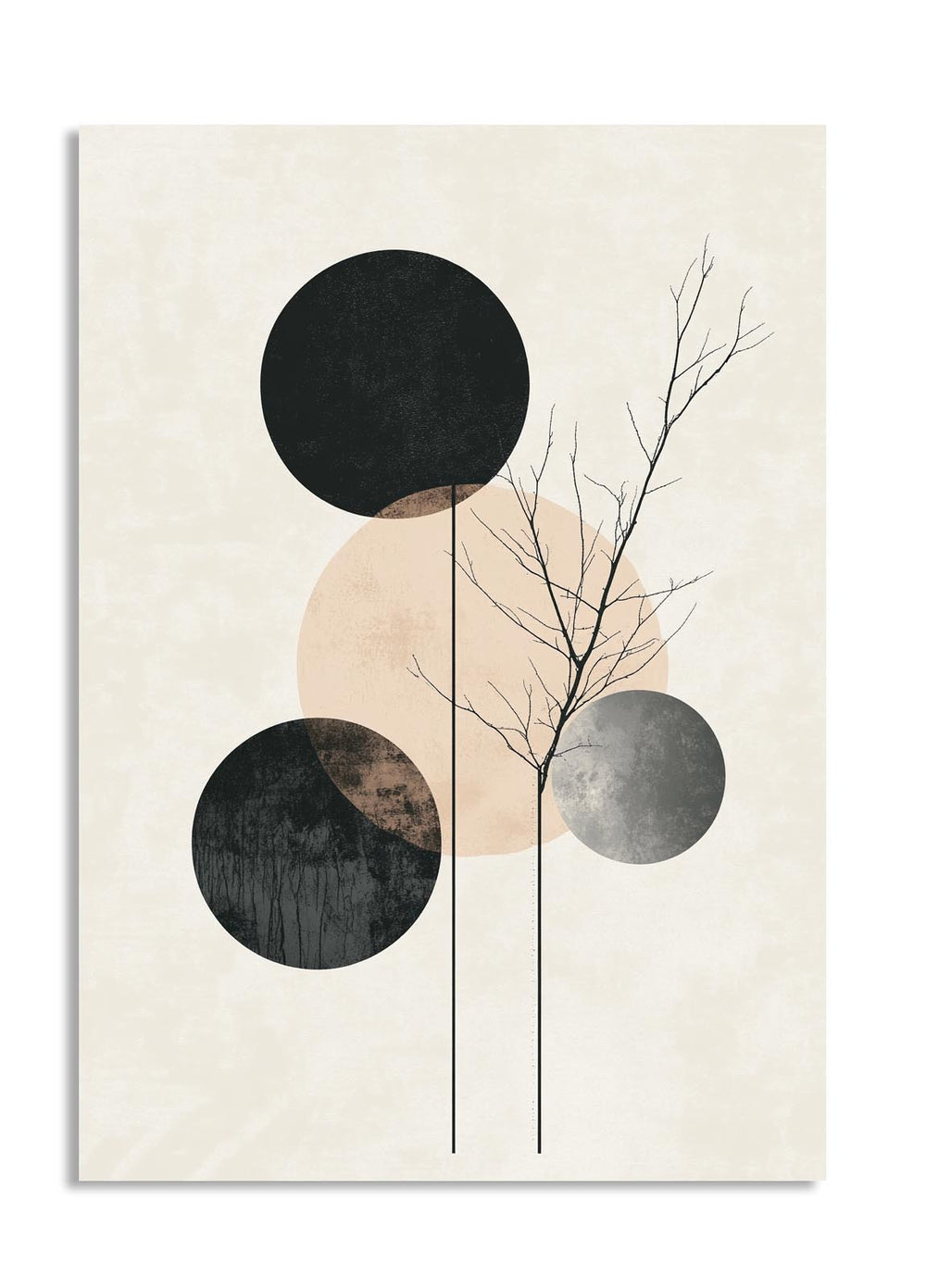 Abstract art print with circular shapes and a tree on a beige background, as a premium aluminum metal print from GoMetalPrint.
