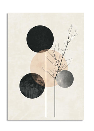 Abstract art print with circular shapes and a tree on a beige background, as a premium aluminum metal print from GoMetalPrint.
