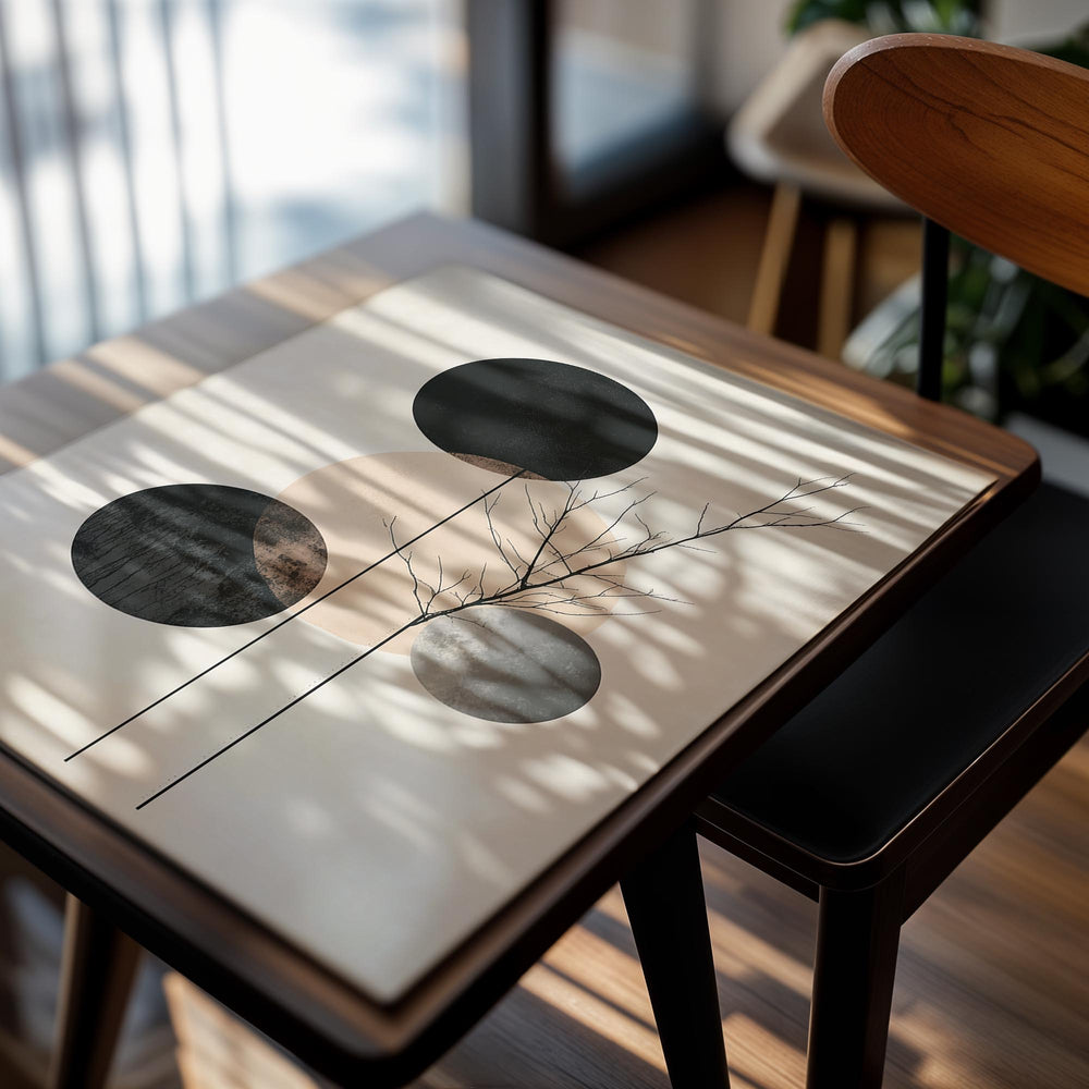 Abstract art print with circular shapes and a tree on a beige background, as a premium aluminum metal print from GoMetalPrint.
