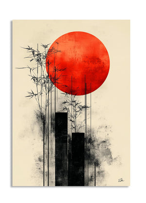 Abstract art print with a red circle, black vertical elements, and beige background, as a premium aluminum metal print from GoMetalPrint.
