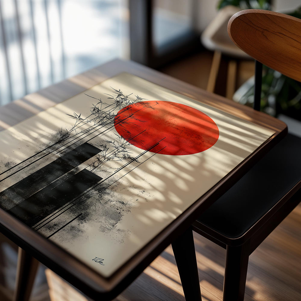 Abstract art print with a red circle, black vertical elements, and beige background, as a premium aluminum metal print from GoMetalPrint.
