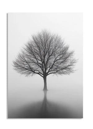 Black and white tree in a foggy landscape, as a premium aluminum metal print from GoMetalPrint.

