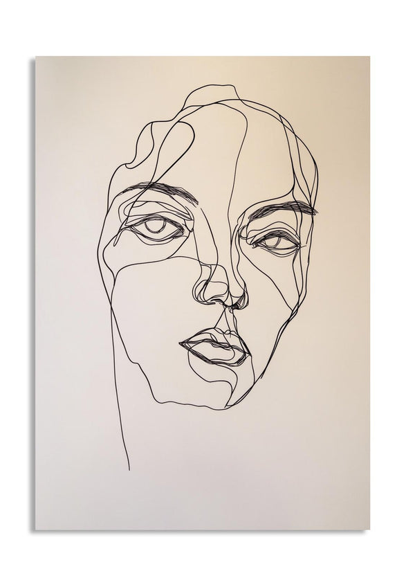 Line art of a face on a beige background, as a premium aluminum metal print from GoMetalPrint.
