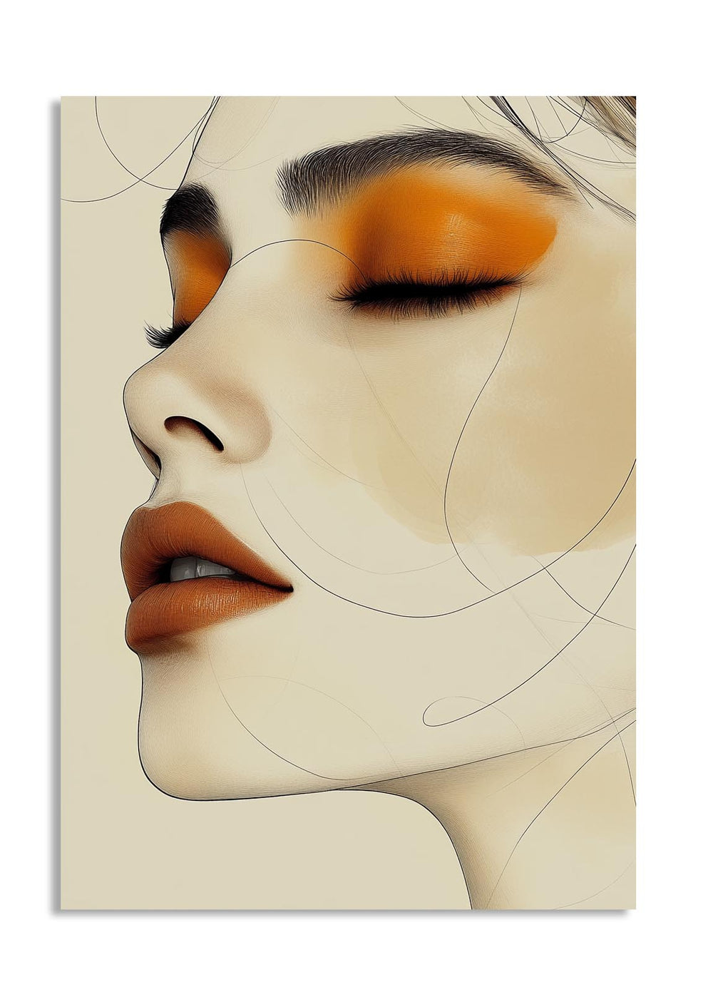Artistic depiction of a woman's face with makeup on a beige background, as a premium aluminum metal print from GoMetalPrint.
