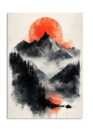 Artistic depiction of mountains, trees, and a red sun or moon over a lake, as a premium aluminum metal print from GoMetalPrint.
