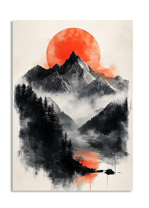 Artistic depiction of mountains, trees, and a red sun or moon over a lake, as a premium aluminum metal print from GoMetalPrint.
