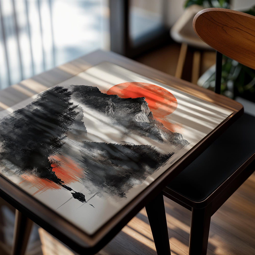 Artistic depiction of mountains, trees, and a red sun or moon over a lake, as a premium aluminum metal print from GoMetalPrint.
