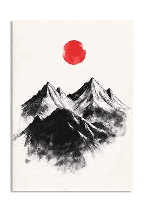 Black mountains with a red sun on a white background, as a premium aluminum metal print from GoMetalPrint.
