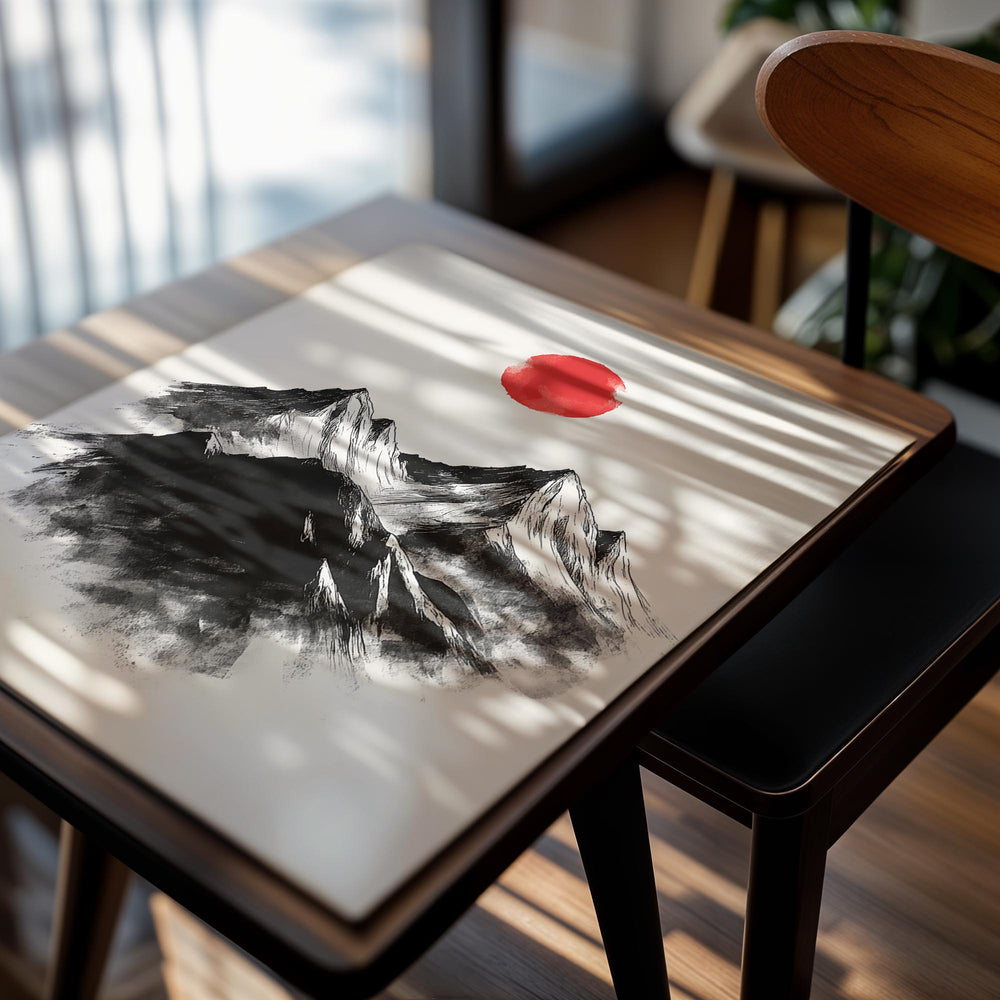 Black mountains with a red sun on a white background, as a premium aluminum metal print from GoMetalPrint.
