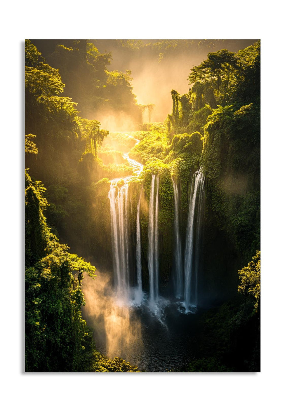 Waterfall in a lush green forest with sunlight filtering through the trees, as a premium aluminum metal print from GoMetalPrint.
