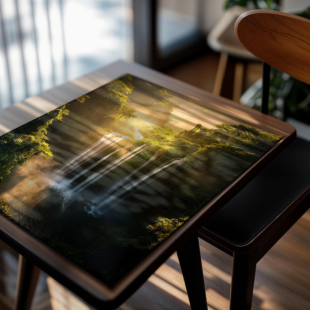 Waterfall in a lush green forest with sunlight filtering through the trees, as a premium aluminum metal print from GoMetalPrint.
