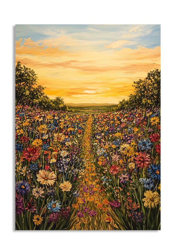 Painting of a field of flowers with a sunset sky, as a premium aluminum metal print from GoMetalPrint.
