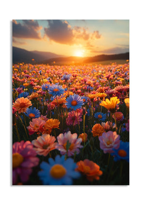 Sunset over a field of colorful flowers, as a premium aluminum metal print from GoMetalPrint.

