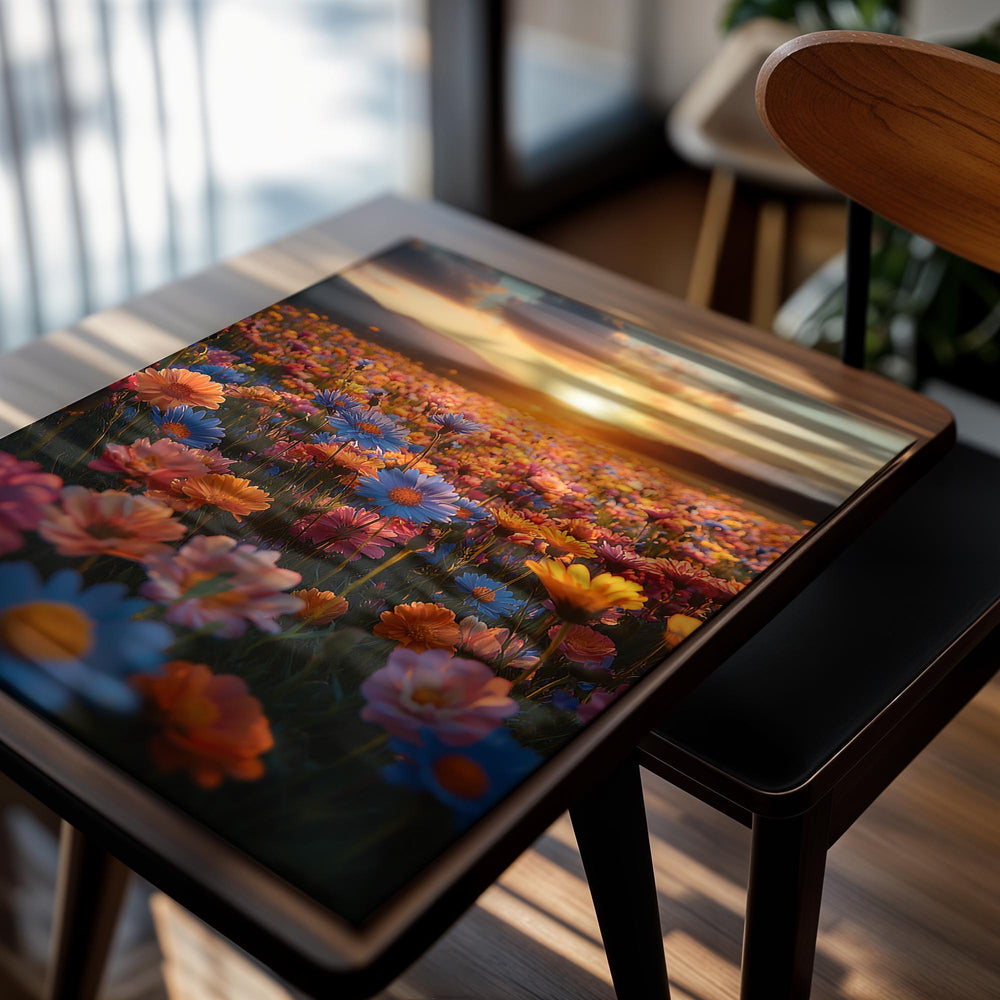 Sunset over a field of colorful flowers, as a premium aluminum metal print from GoMetalPrint.
