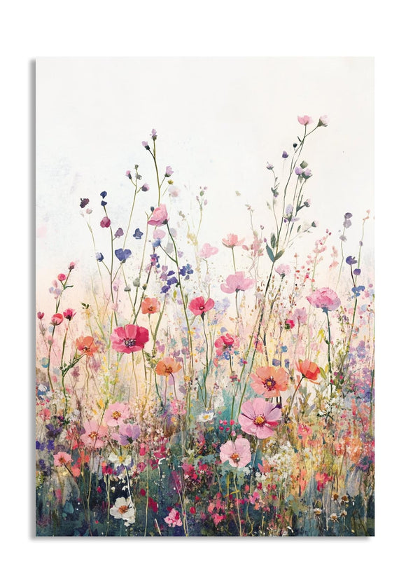 Painting of a field of colorful flowers on a white background, as a premium aluminum metal print from GoMetalPrint.

