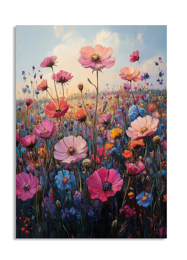 Painting of a vibrant field of flowers with a colorful sky, as a premium aluminum metal print from GoMetalPrint.
