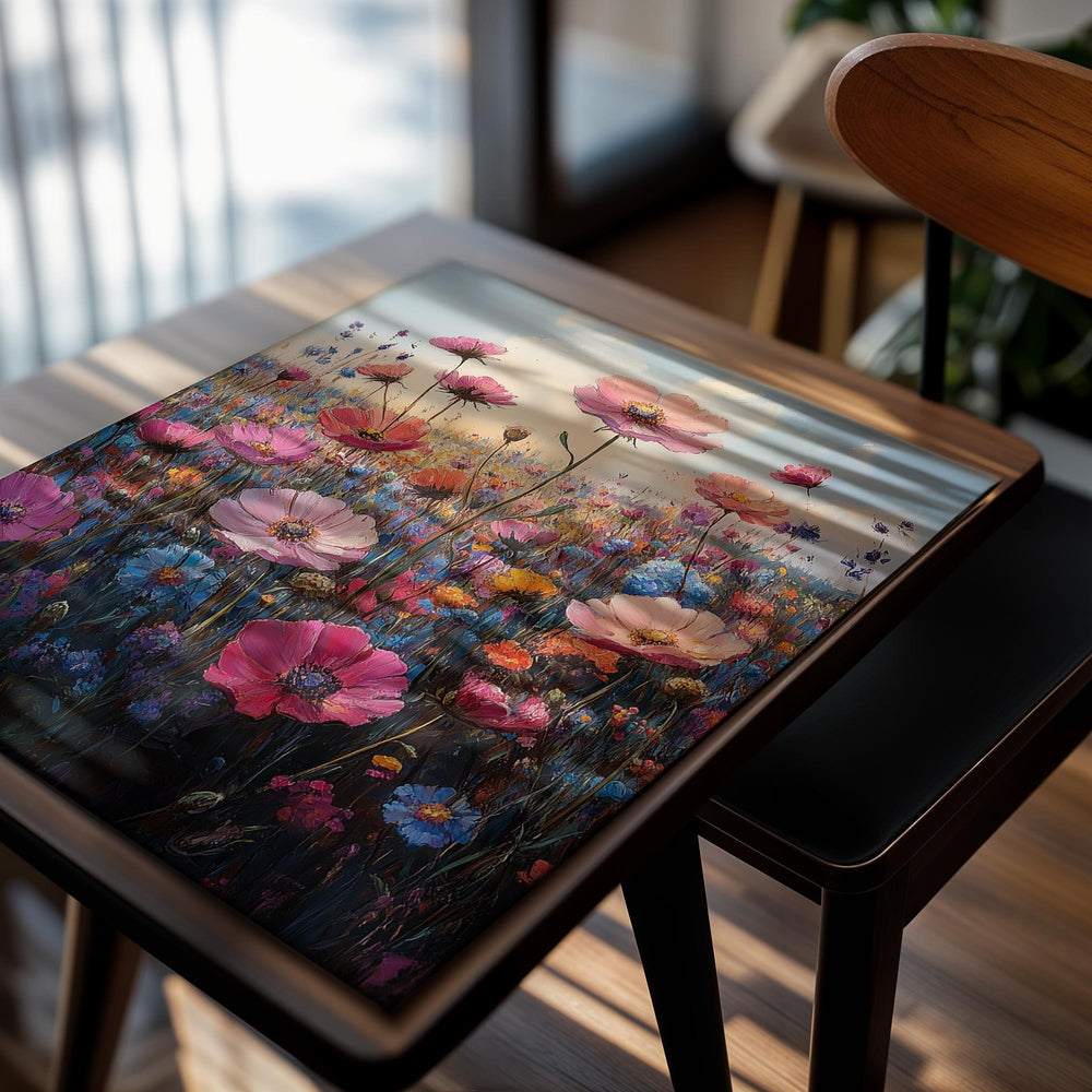 Painting of a vibrant field of flowers with a colorful sky, as a premium aluminum metal print from GoMetalPrint.
