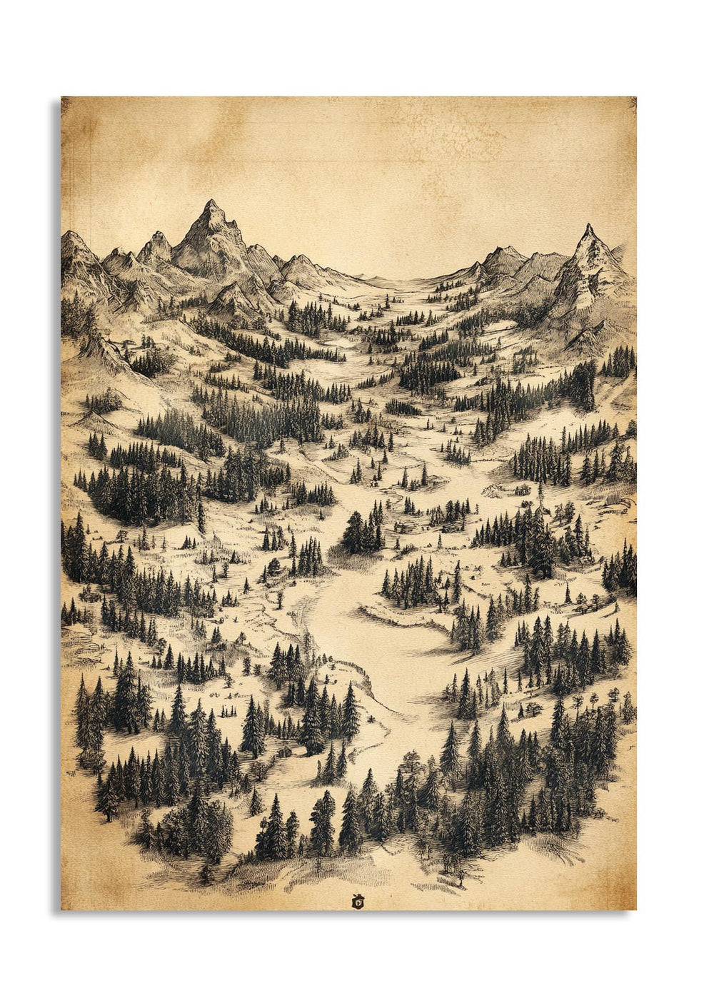 Vintage-style illustration of a mountain landscape with trees and a river, as a premium aluminum metal print from GoMetalPrint.
