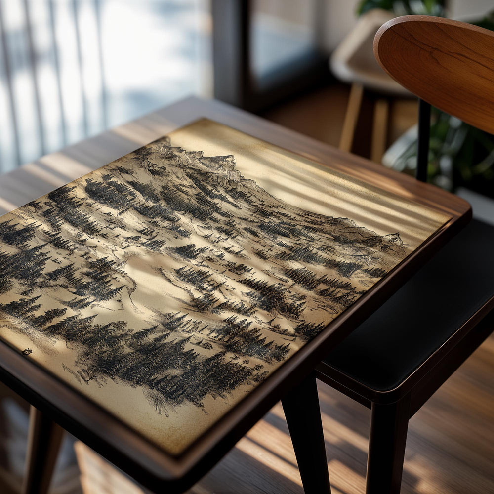 Vintage-style illustration of a mountain landscape with trees and a river, as a premium aluminum metal print from GoMetalPrint.
