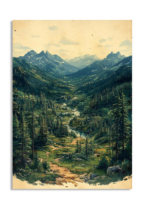 Vintage-style painting of a mountain landscape with trees and a stream, as a premium aluminum metal print from GoMetalPrint.
