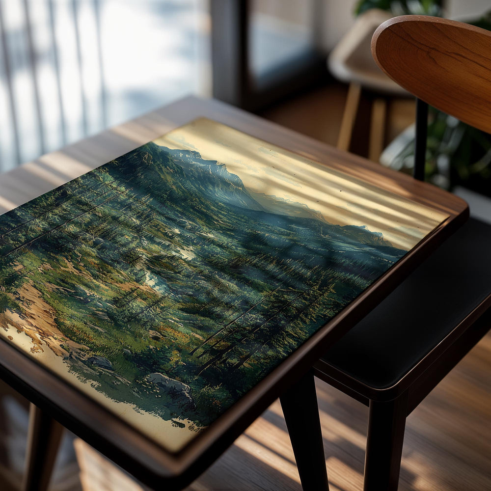 Vintage-style painting of a mountain landscape with trees and a stream, as a premium aluminum metal print from GoMetalPrint.
