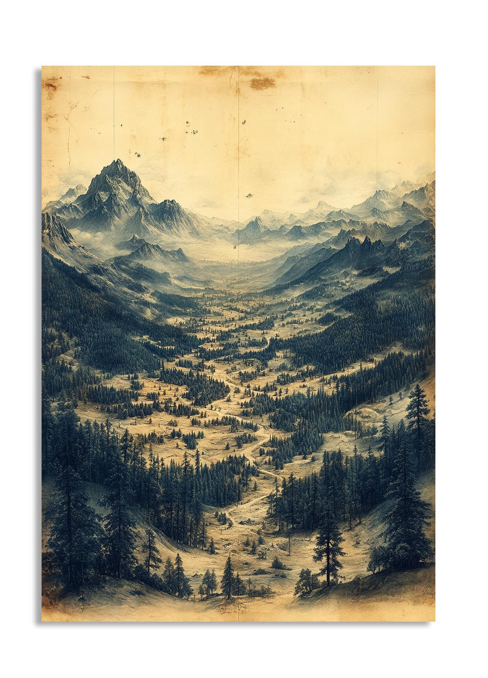 Vintage-style illustration of a mountainous landscape with trees and mist, as a premium aluminum metal print from GoMetalPrint.
