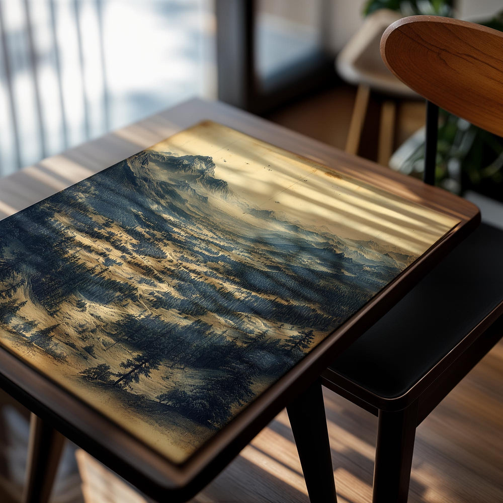 Vintage-style illustration of a mountainous landscape with trees and mist, as a premium aluminum metal print from GoMetalPrint.
