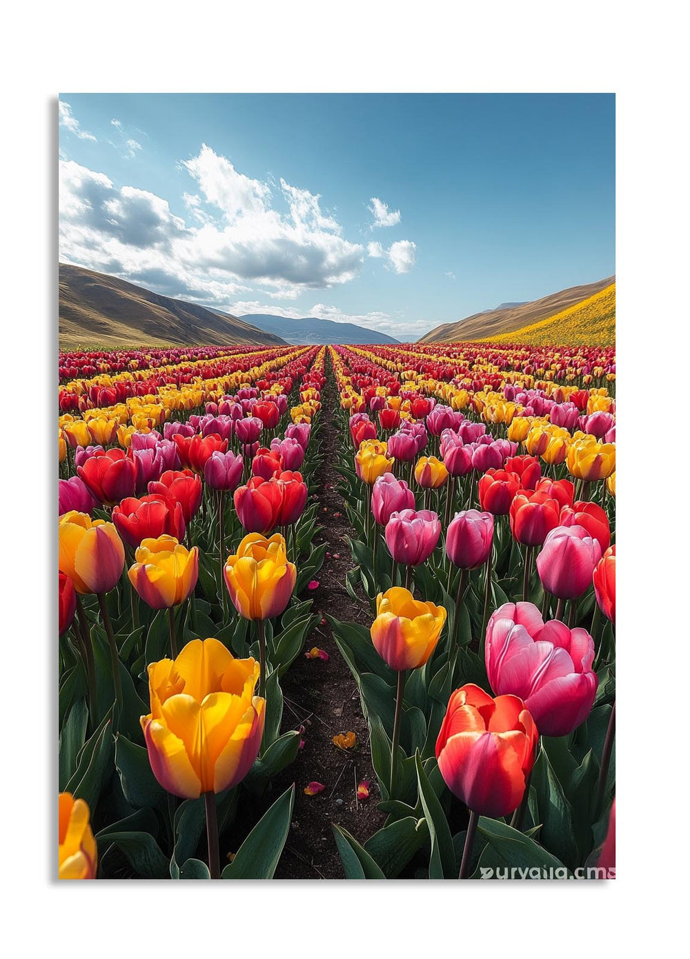Field of colorful tulips under a blue sky with white clouds, as a premium aluminum metal print from GoMetalPrint.
