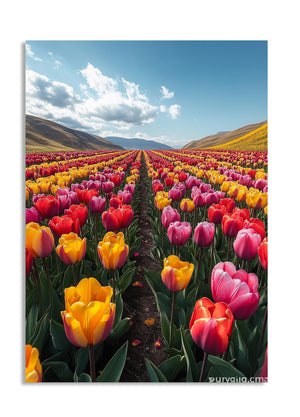 Field of colorful tulips under a blue sky with white clouds, as a premium aluminum metal print from GoMetalPrint.
