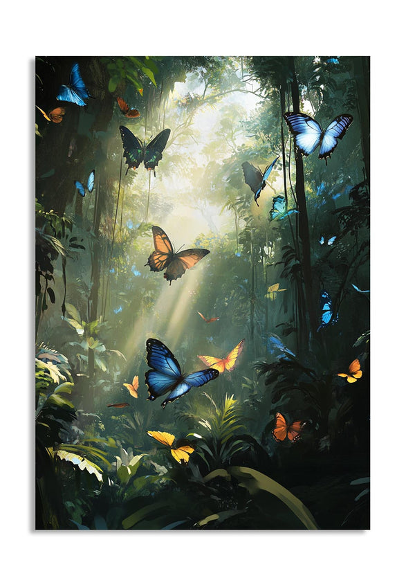 Butterflies in a lush forest with sunlight filtering through the trees, as a premium aluminum metal print from GoMetalPrint.
