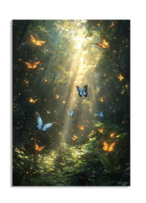 Butterflies in a forest with sunlight filtering through the trees, as a premium aluminum metal print from GoMetalPrint.
