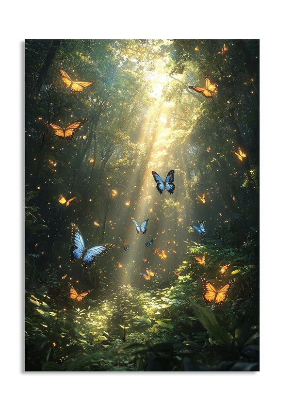 Butterflies in a forest with sunlight filtering through the trees, as a premium aluminum metal print from GoMetalPrint.
