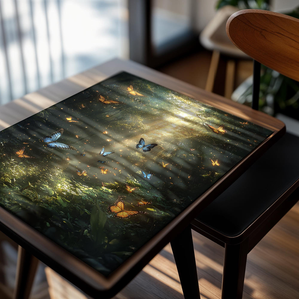 Butterflies in a forest with sunlight filtering through the trees, as a premium aluminum metal print from GoMetalPrint.
