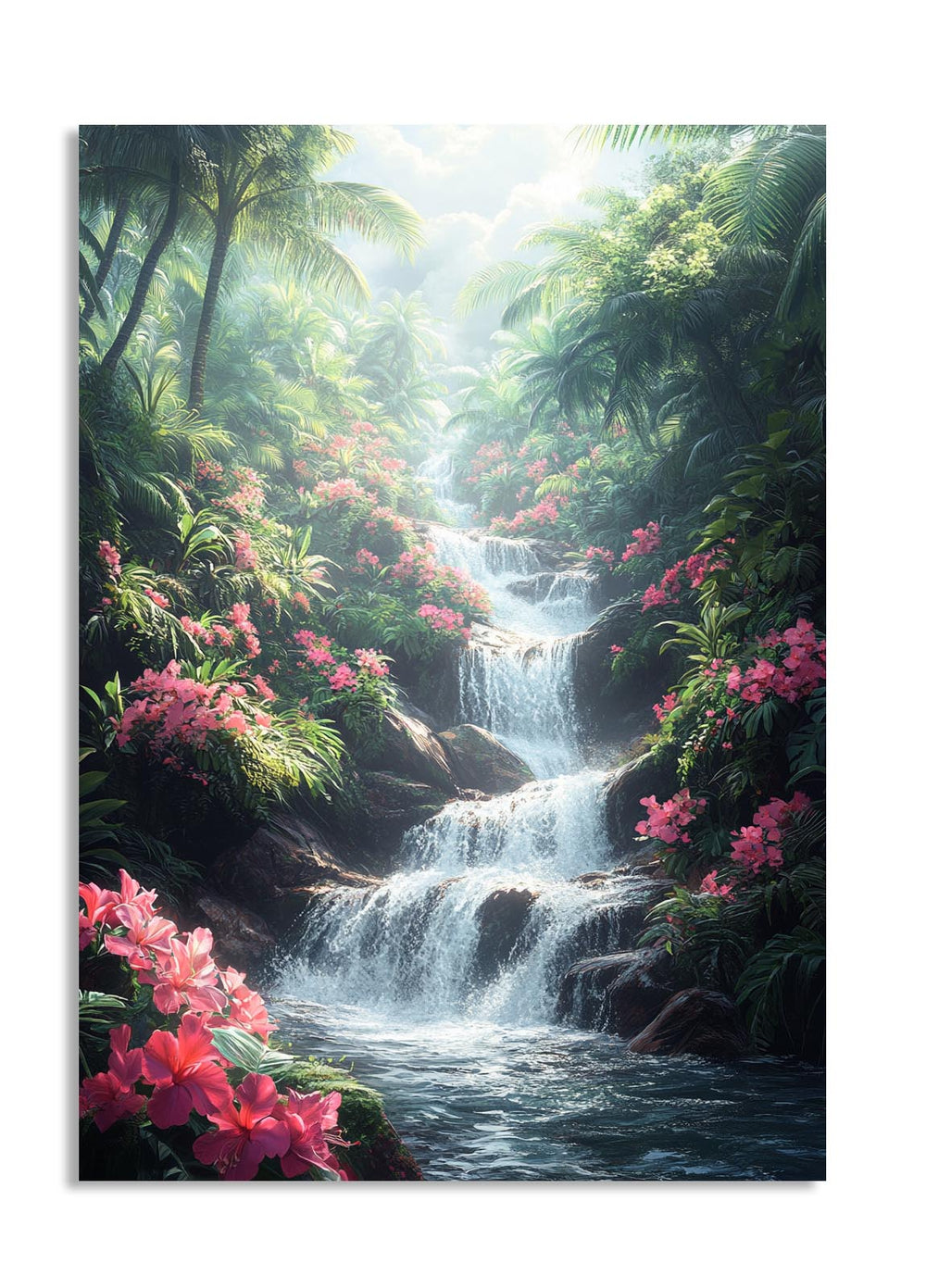 Tropical waterfall surrounded by lush greenery and pink flowers, as a premium aluminum metal print from GoMetalPrint.

