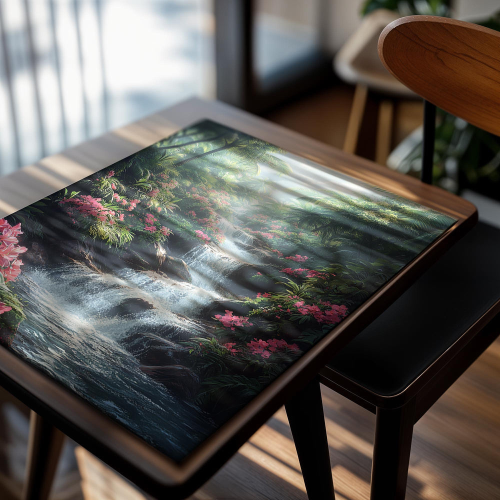 Tropical waterfall surrounded by lush greenery and pink flowers, as a premium aluminum metal print from GoMetalPrint.
