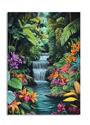  vibrant tropical forest scene with a waterfall and colorful flowers, as a premium aluminum metal print from GoMetalPrint.
