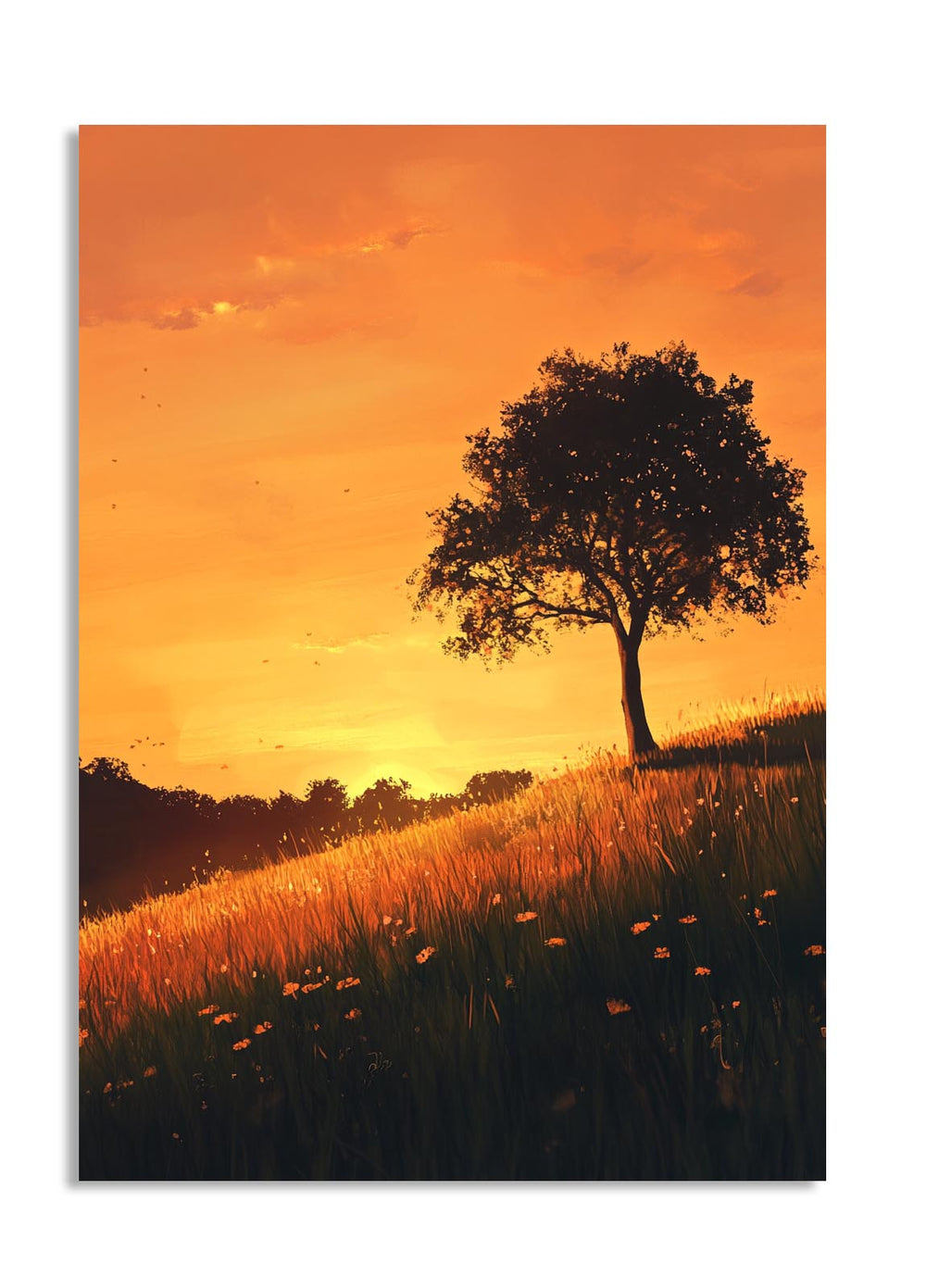 Tree silhouette on a hill with an orange sunset sky, as a premium aluminum metal print from GoMetalPrint.

