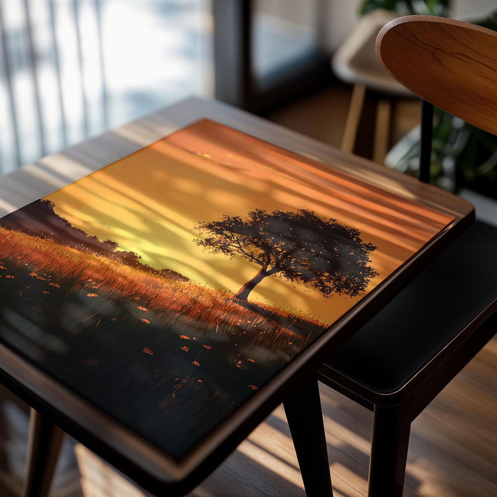 Tree silhouette on a hill with an orange sunset sky, as a premium aluminum metal print from GoMetalPrint.
